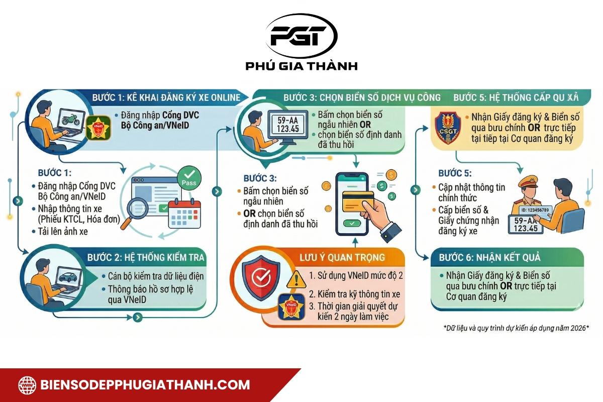 Infographic quy trình đăng ký biển số xe máy online 2026
